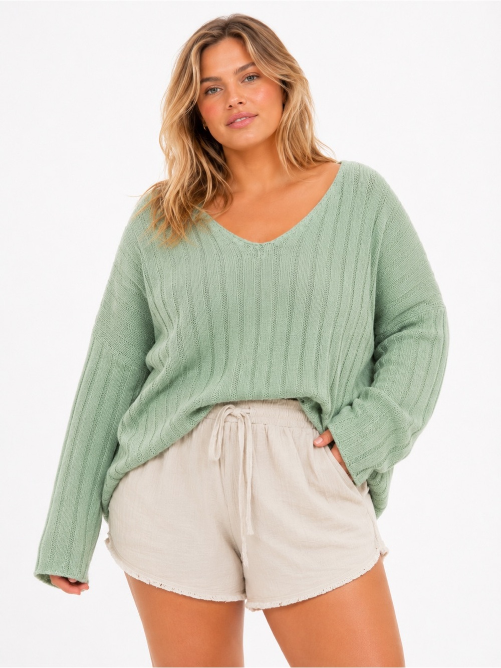 AnnieWear Sage Green Drop Shoulder Oversized Sweater XL Boho Knit Soft Girl